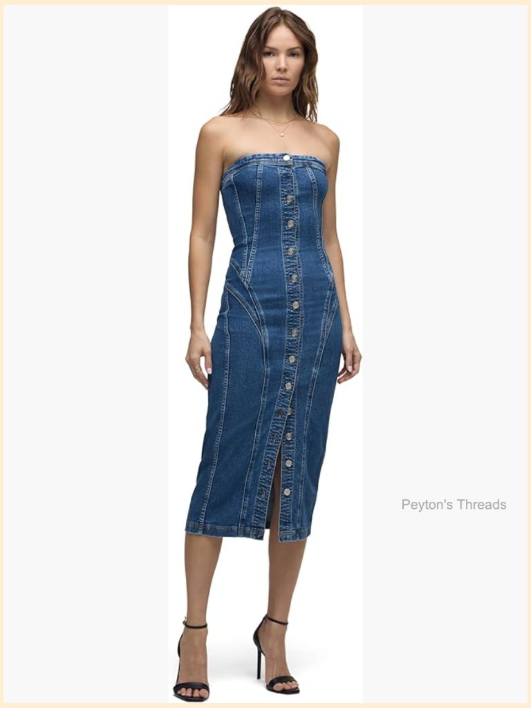 Strapless Seamed Midi Dress With Button Front
